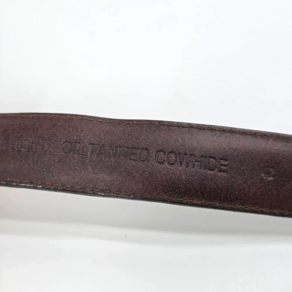 VTG Brown Leather Belt Mens 42 Oil Tanned Cowhide Solid Brass Woven Link 2534-02